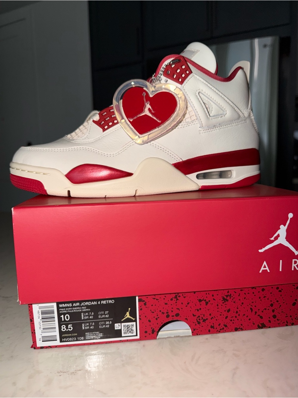 Nike Air Jordan 4 Retro White/Red Women's Sneakers with Heart Hangtag
